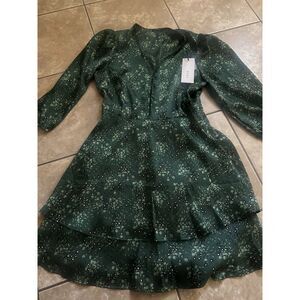 NWT IKKS 36 Satin Floral Mini Dress Ruffles Button Accent